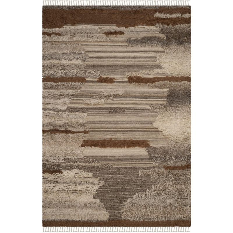 Hand-Knotted Gray and Brown Wool Rectangular Rug with Textured Accent