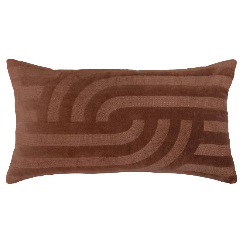 Brown Cotton Velvet Embroidered Lumbar Throw Pillow 14"x26"