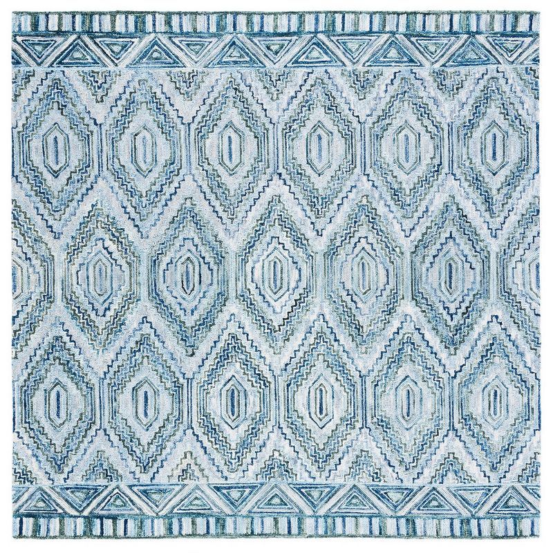 Rustic-Chic Blue Geometric Wool Square Area Rug - 7'x7'