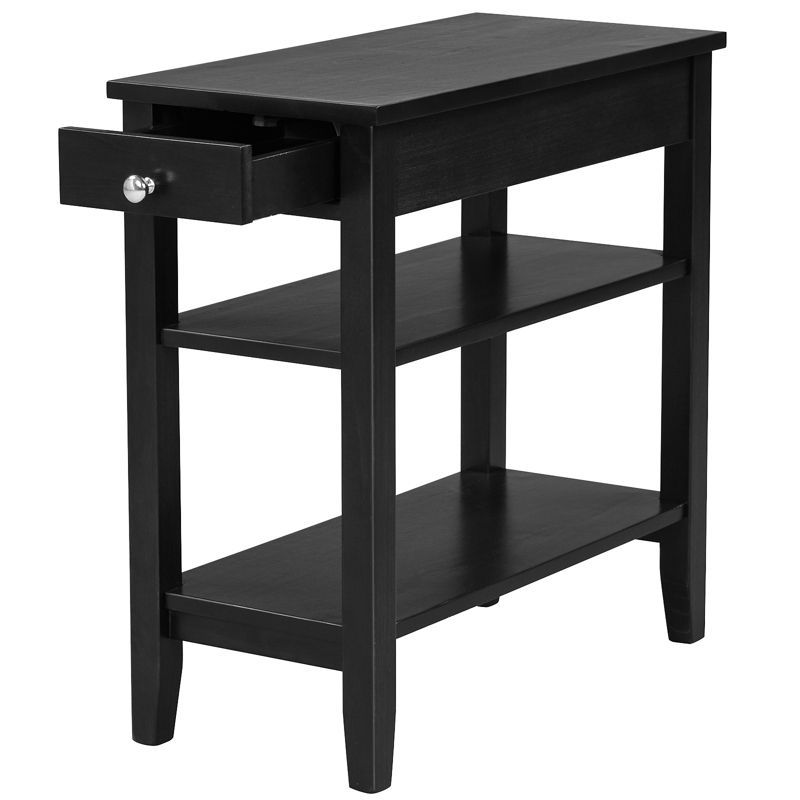 Black Wood Narrow End Table with Drawer and Shelves