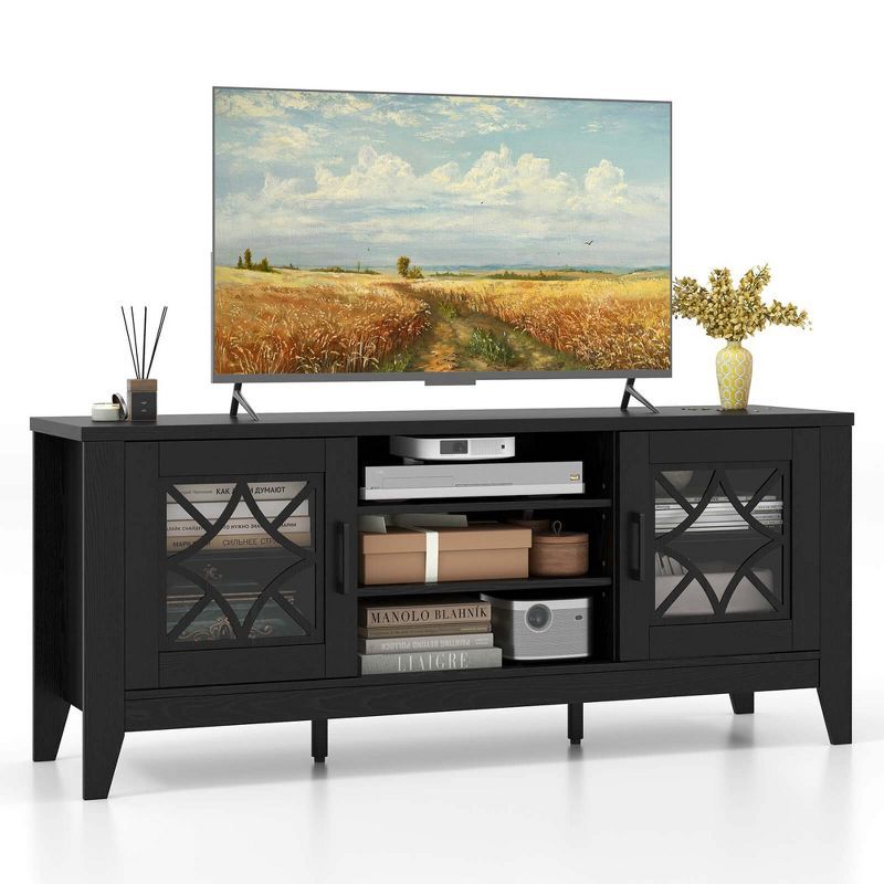 Black MDF TV Stand with Adjustable Shelves and Glass Doors