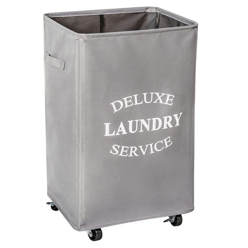 Gray Collapsible Laundry Hamper with Wheels and Mesh Top