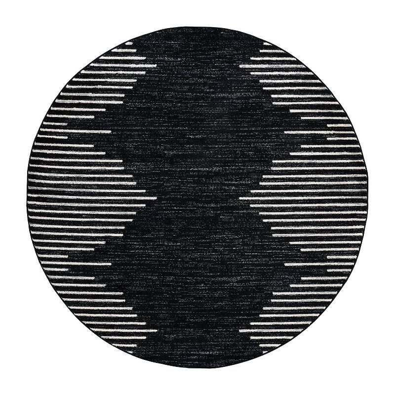 6' Round Black and White Polypropylene Stripe Area Rug