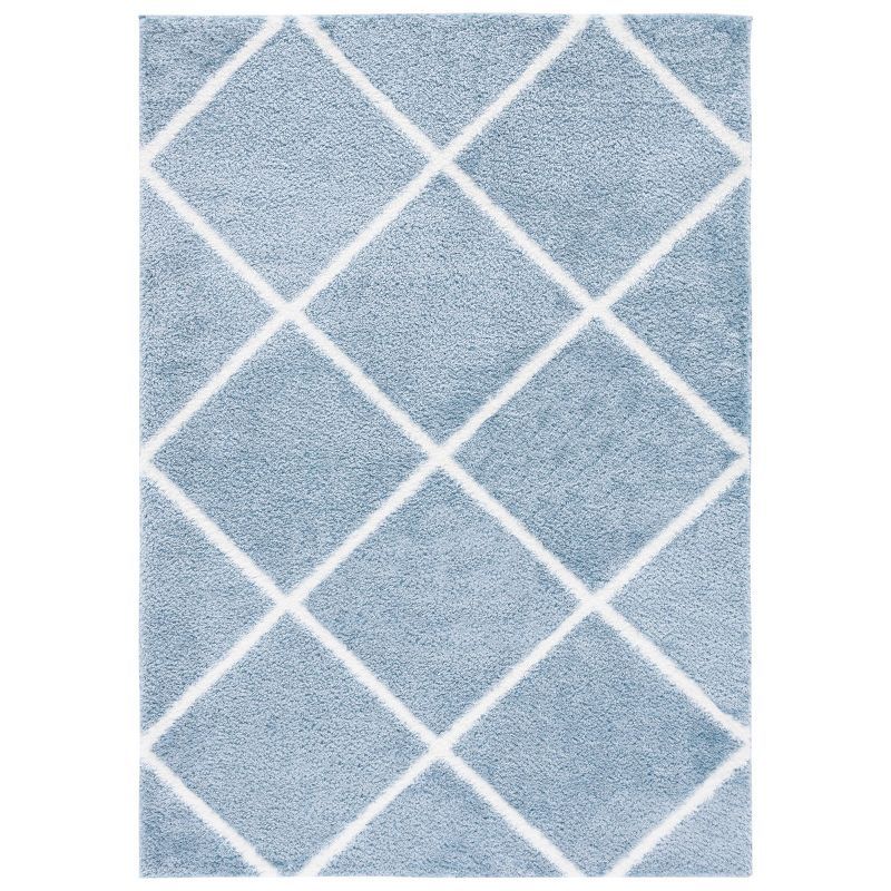 Blue and White Geometric Shag Rectangular Area Rug 4' x 6'