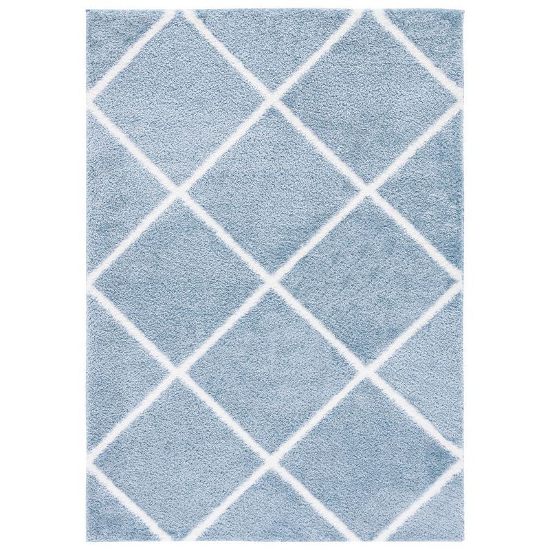 Blue and White Geometric Shag Rectangular Area Rug 4' x 6'