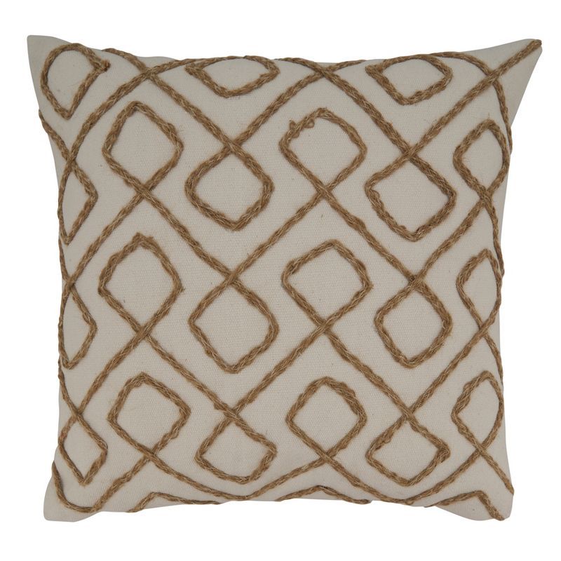 18'' White and Jute Embroidered Square Throw Pillow