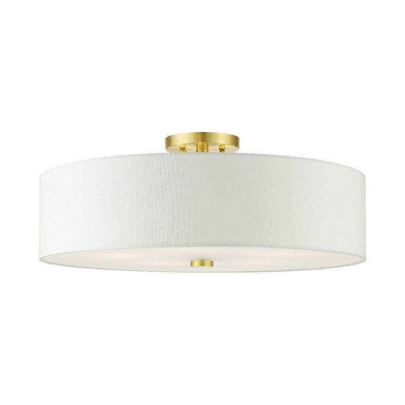 Satin Brass 5-Light Semi-Flush Drum Ceiling Fixture with Off-White Shade