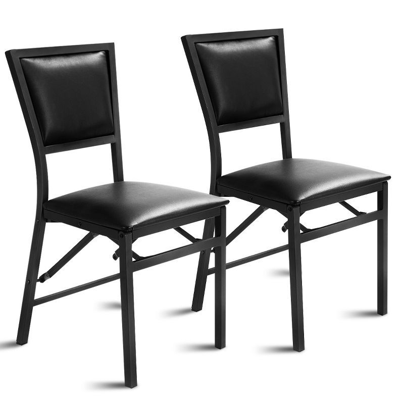 Black PU Leather Upholstered Metal Folding Side Chairs, Set of 2