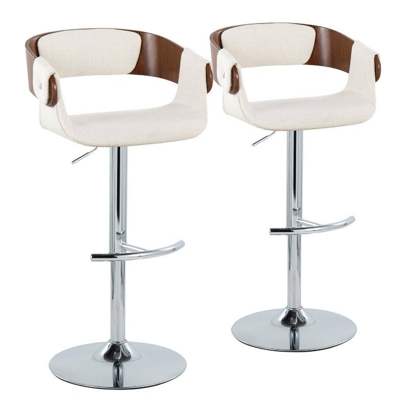 Elisa Adjustable Cream Fabric and Walnut Wood Swivel Barstools, Set of 2