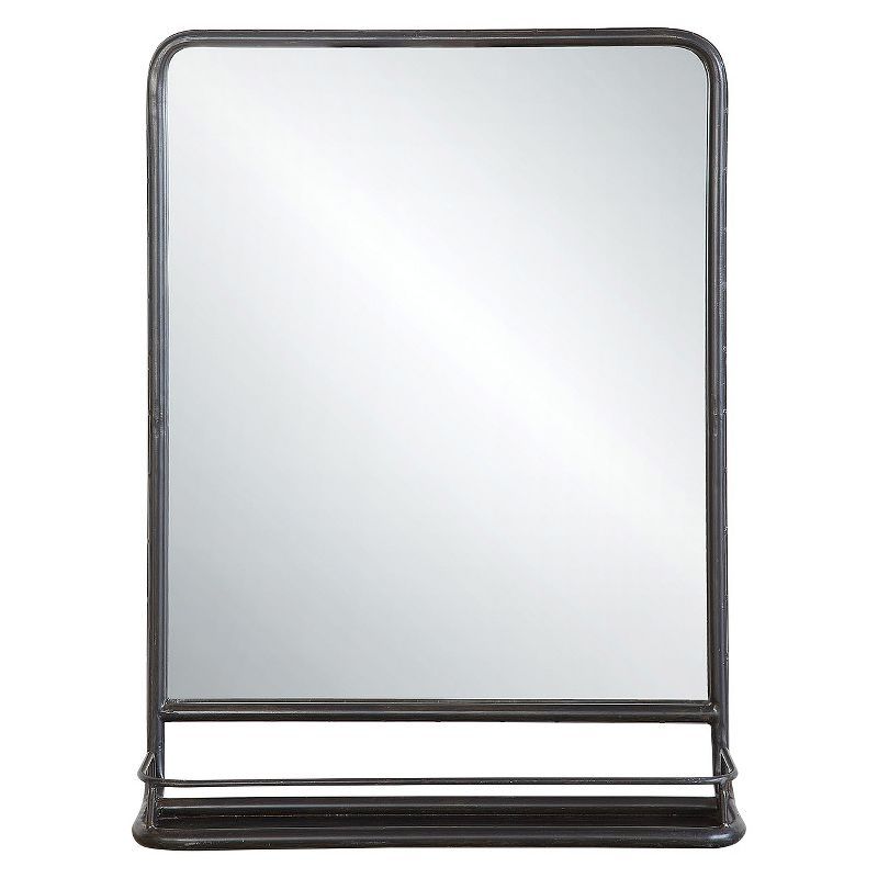 Elegant Industrial Silver Metal Wall Mirror with Shelf, 32" x 23.2"