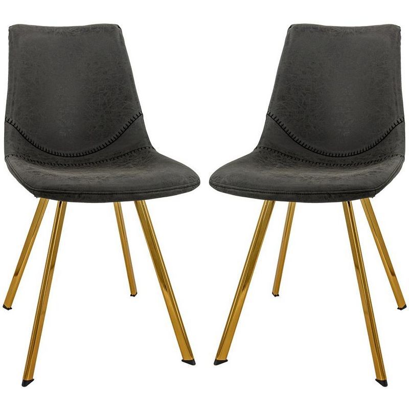 Charcoal Black Leather Dining Chairs with Gold Metal Legs, Set of 2