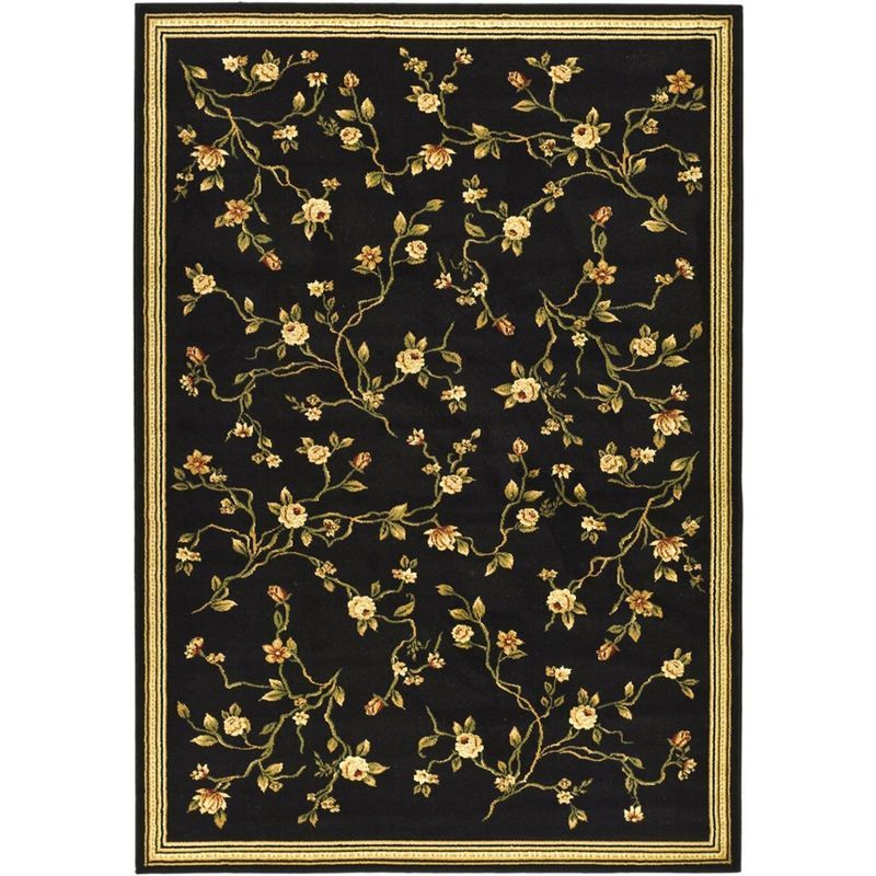 Black Floral Hand-Knotted Synthetic Area Rug