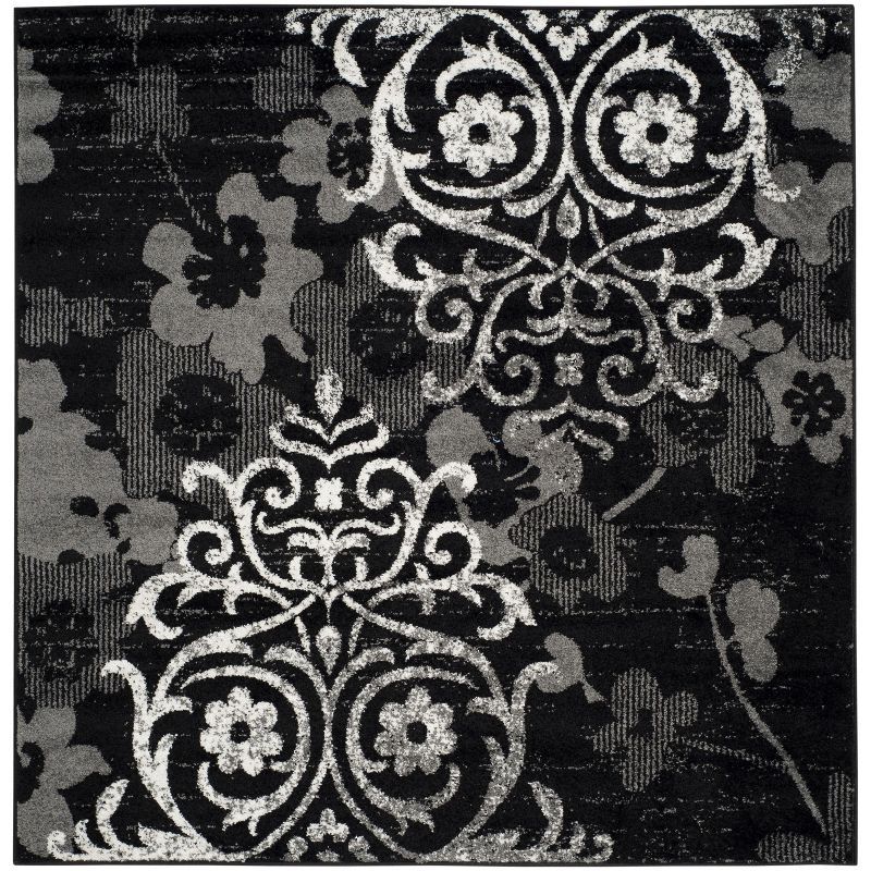 Black and Silver Floral Square Synthetic Area Rug