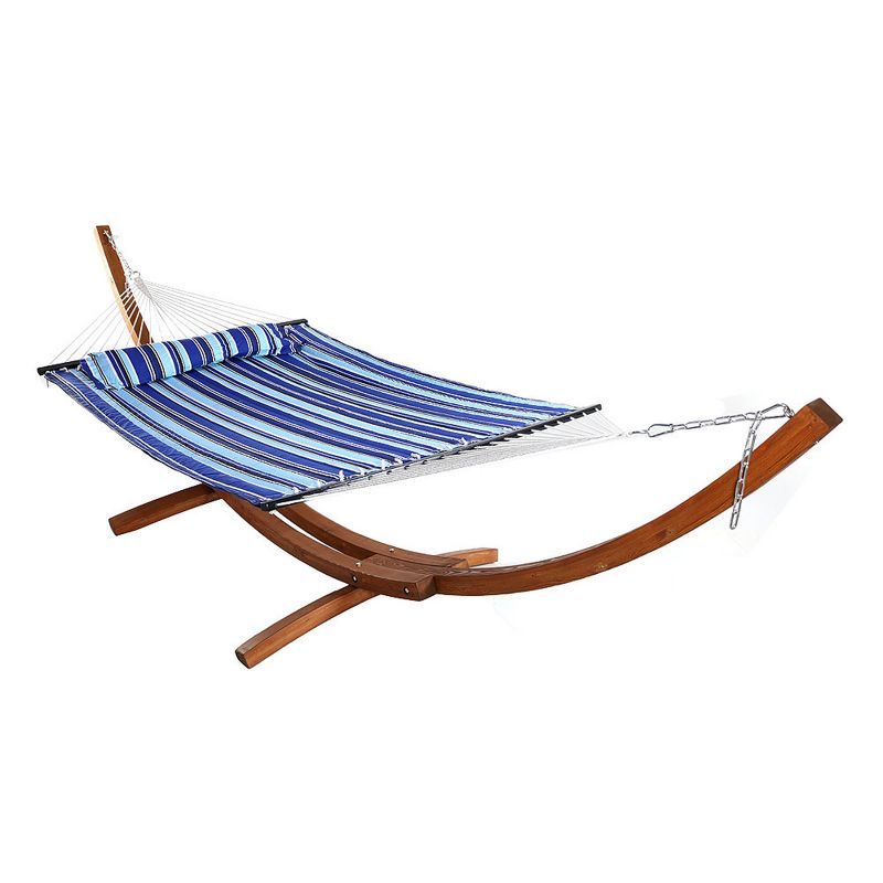 Catalina Beach Blue and Green Quilted 2-Person Hammock with Curved Wood Stand