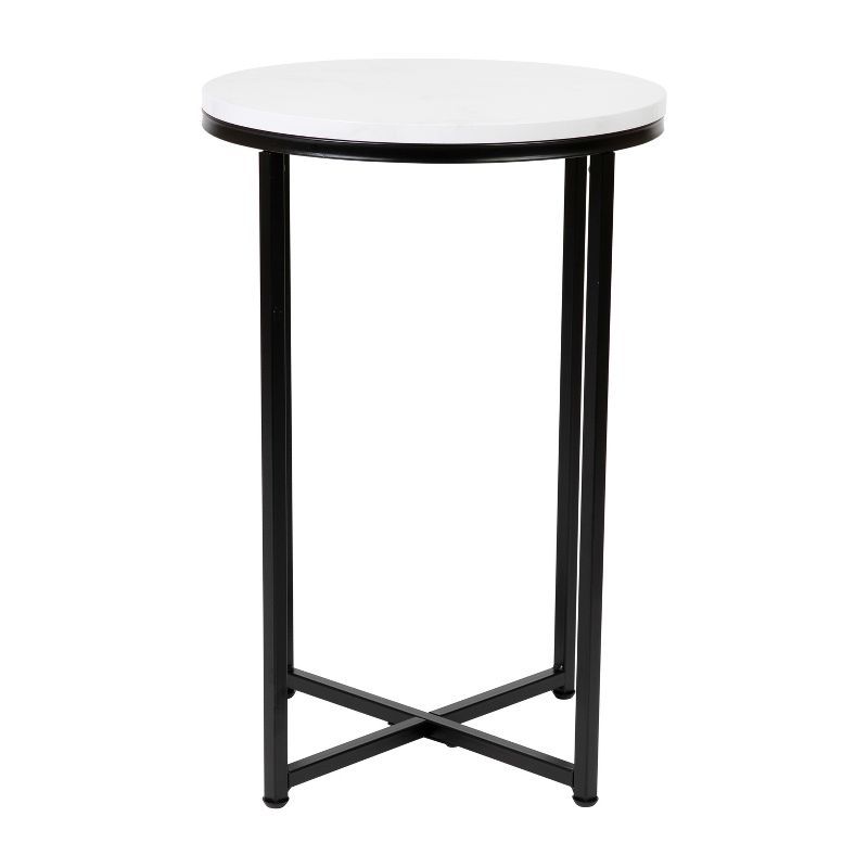 Modern Marbled White and Matte Black Round Metal End Table