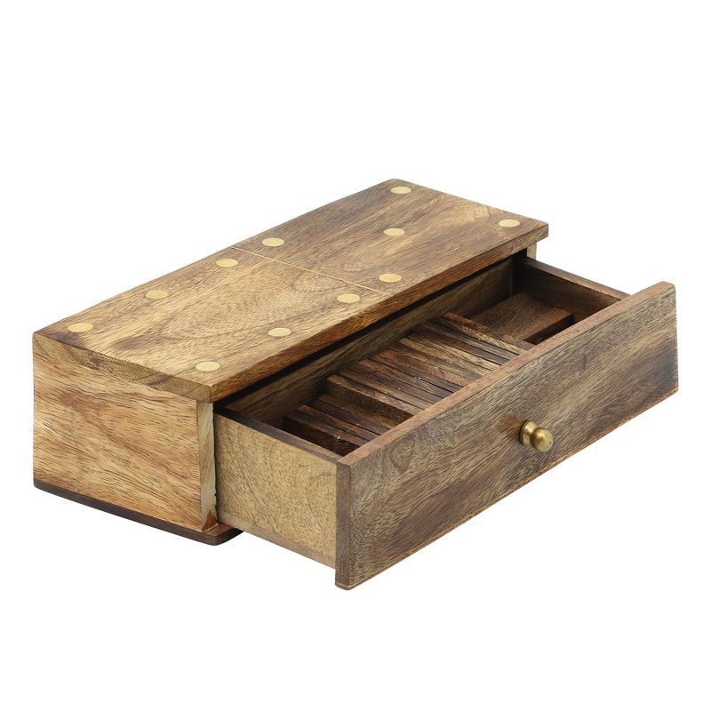 Brown Mango Wood and Brass Dominoes Set with Storage Box