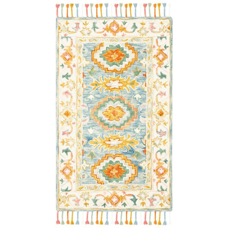 Blue Floral Handmade Tufted Wool 4' x 6' Area Rug