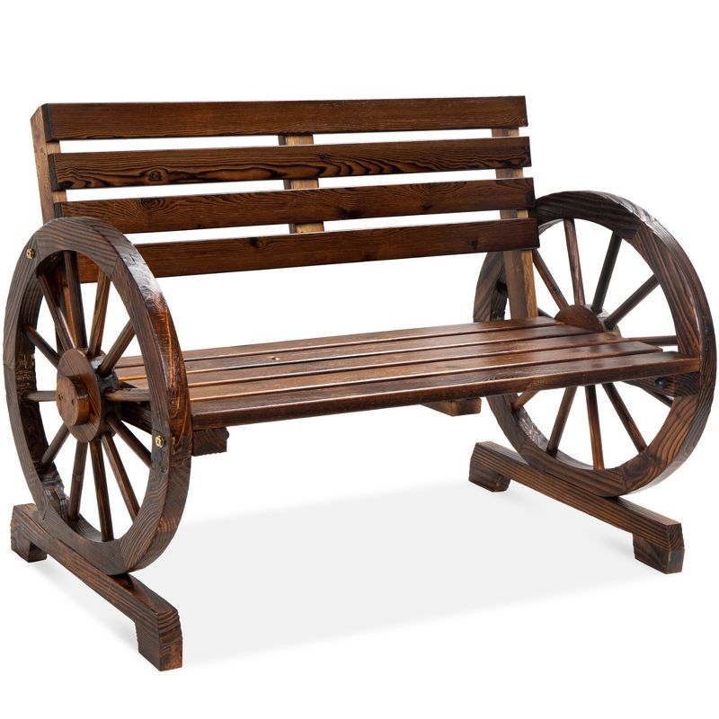 Rustic Brown Fir Wood Wagon Wheel 2-Person Bench