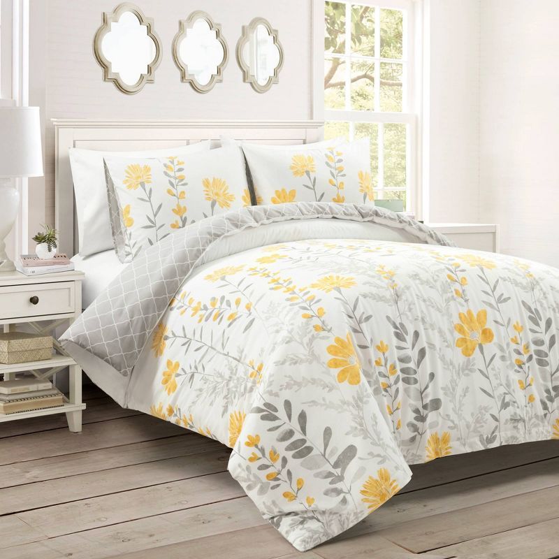 Aprile Full/Queen Yellow and Gray Cotton Floral Duvet Cover Set