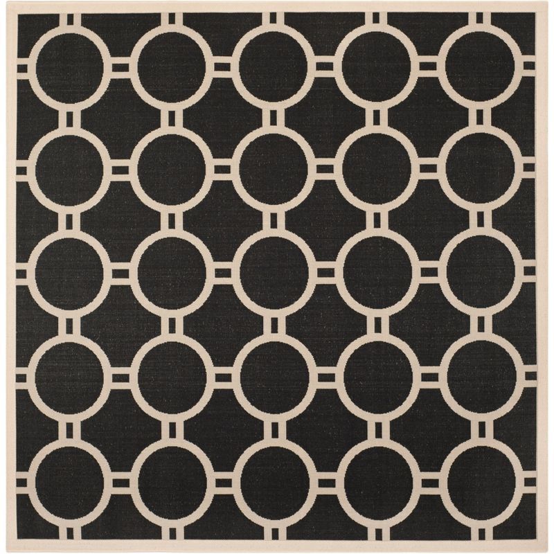 Black and Beige Geometric Stain-Resistant Square Rug