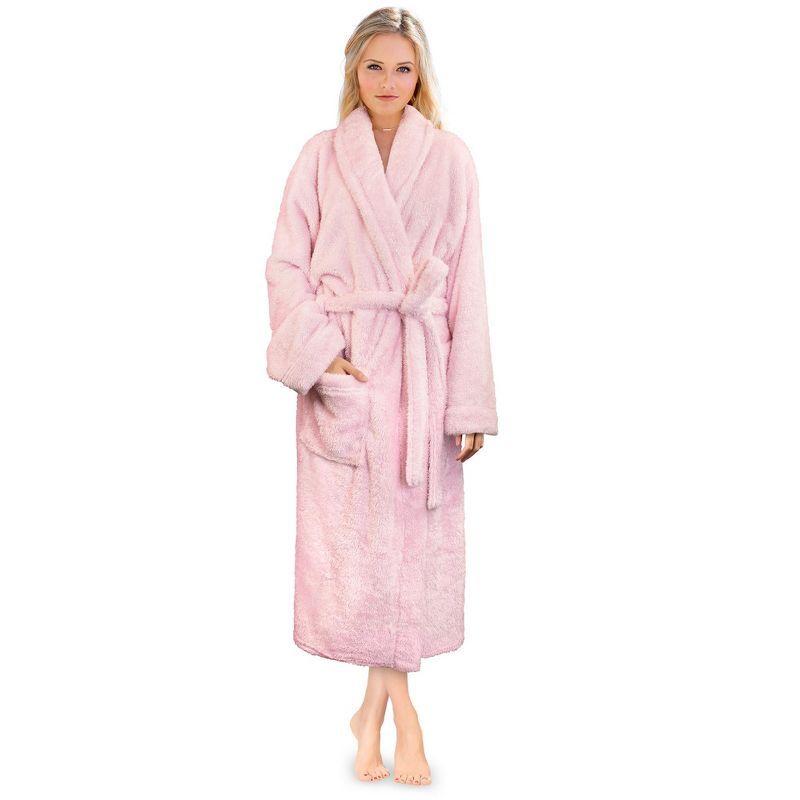 Dusty Rose Plush Fleece Long Bathrobe with Pockets