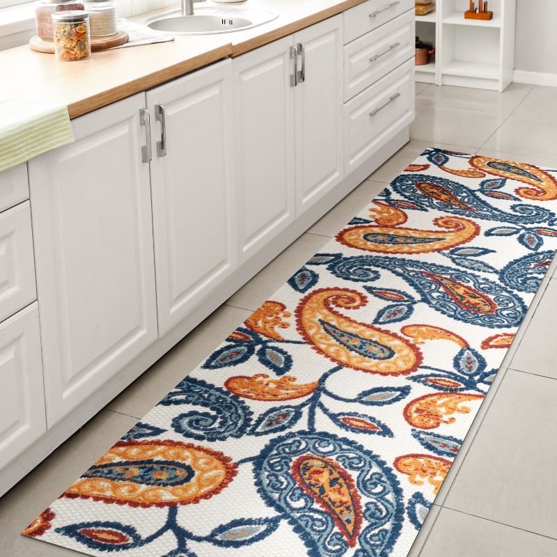Boho Paisley Orange/Blue Synthetic 2x8 Indoor/Outdoor Rug