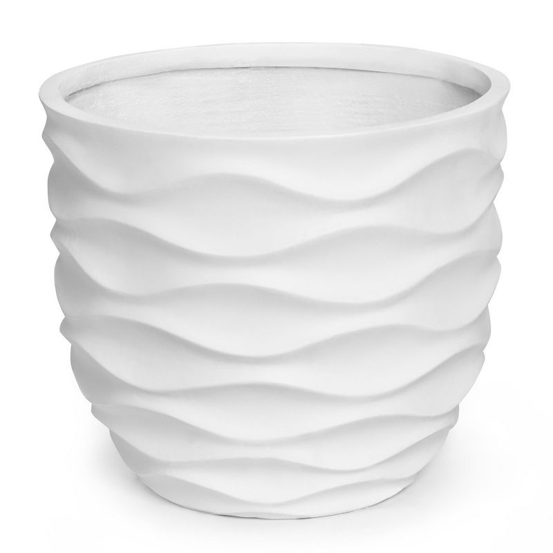 White Wavy Magnesium Oxide Round Planter, 16-Inch