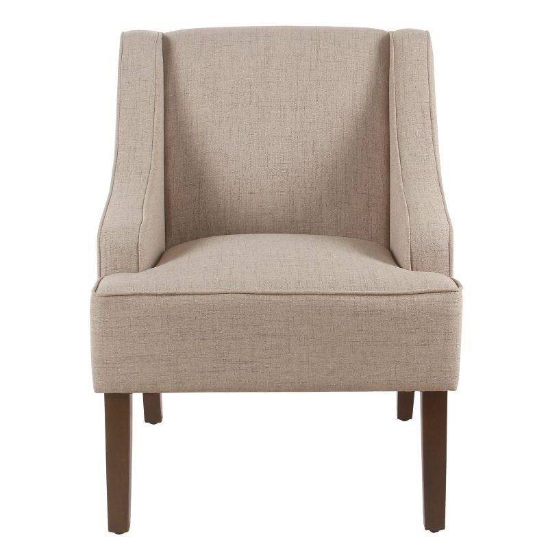 Tan Upholstered Wood Swoop Arm Accent Chair