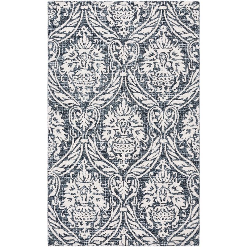 Ivory and Navy Abstract Handmade Wool Area Rug