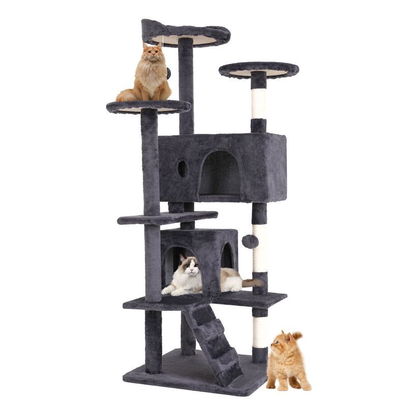 54" Gray Multi-Level Cat Tree Tower with Sisal Posts