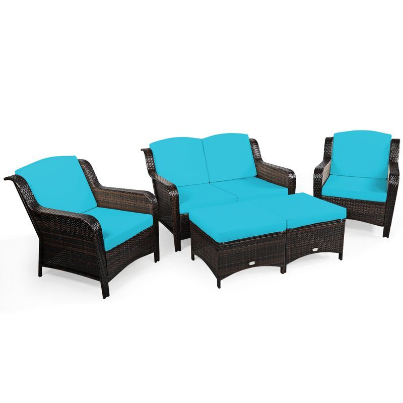 Turquoise Cushioned 5-Piece Rattan Patio Sofa Set