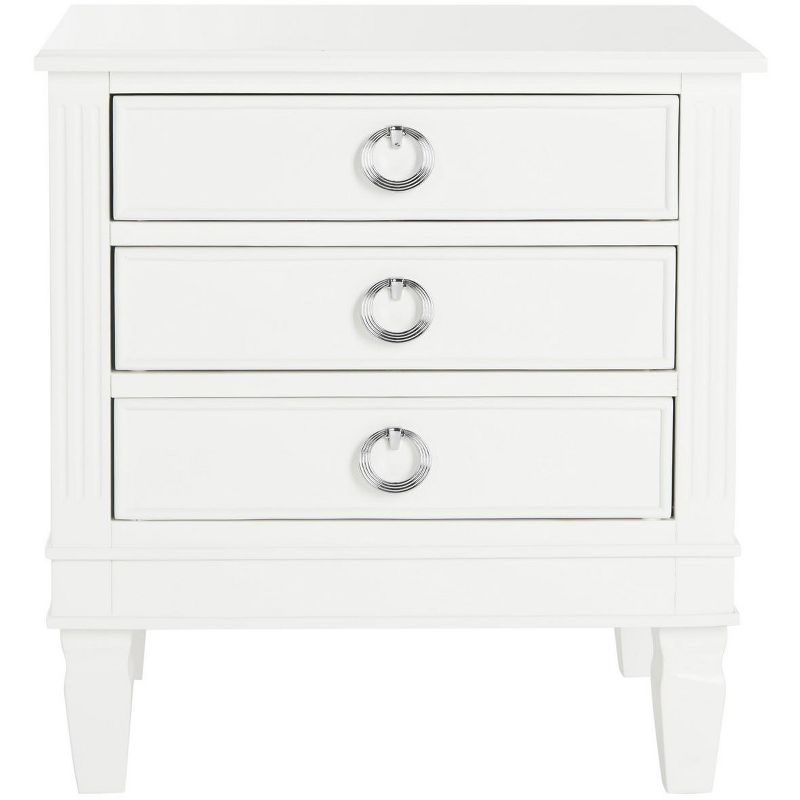 Transitional Kira 3-Drawer White Wood Nightstand with Silver Pulls