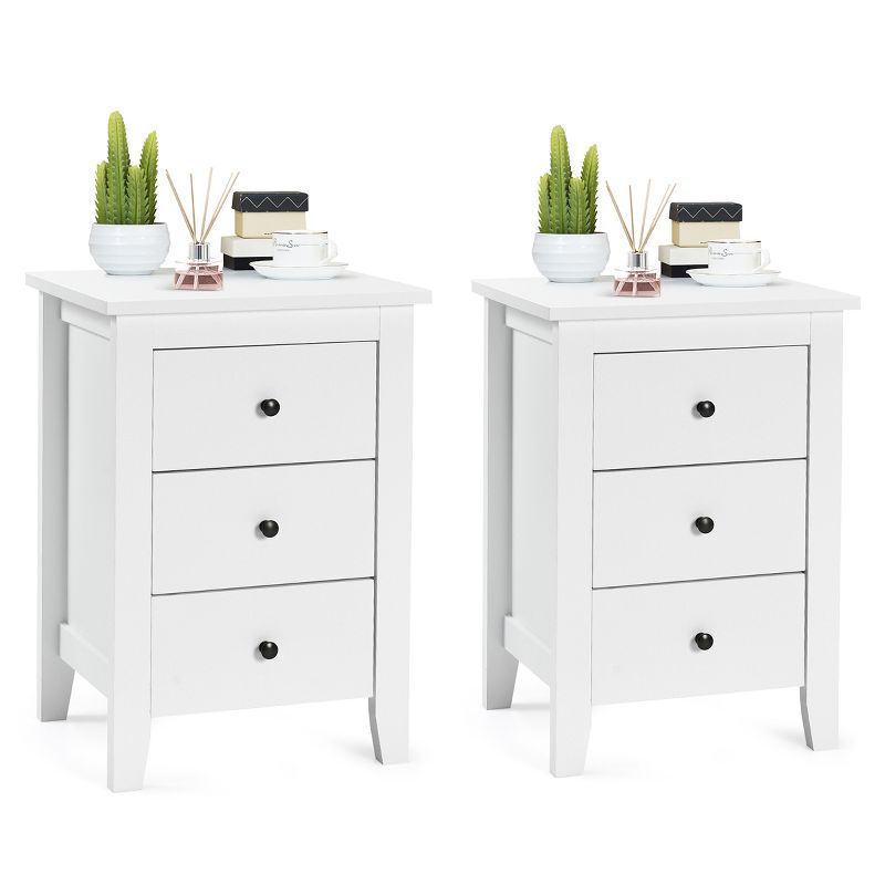 White 3-Drawer Wooden Nightstand Set with Black Knobs