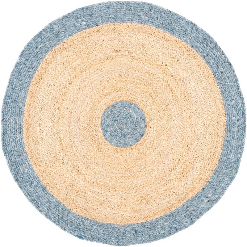 Handwoven Light Blue and Beige Round Braided Rug