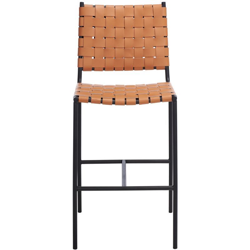 Cognac Leather and Black Metal Saddle Counter Stool