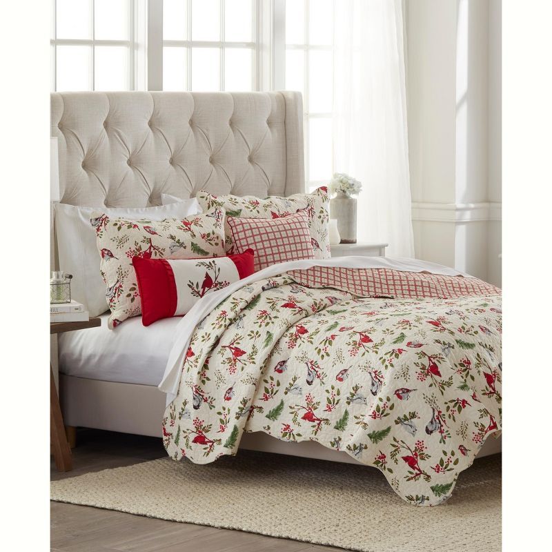 Full White Cotton Reversible Quilt Set with Bird Pattern