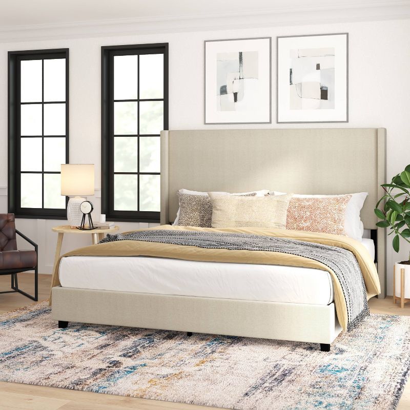 Beige King Upholstered Platform Bed with Wingback Headboard