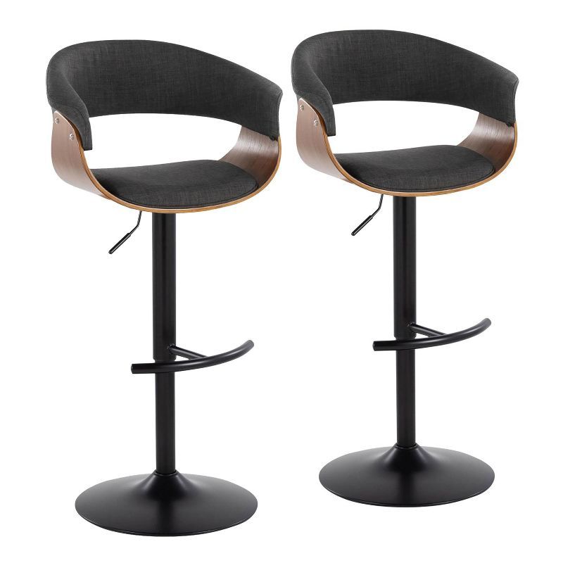 Adjustable Charcoal Fabric and Black Metal Swivel Barstool Set