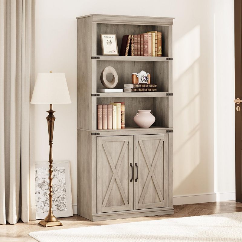 Gray Farmhouse Wooden Bookcase with Adjustable Shelves and Doors