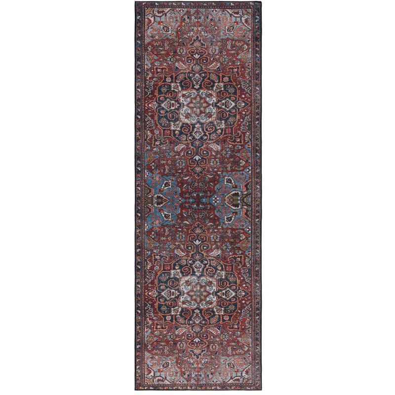 Red and Blue Traditional Machine Washable Runner Rug