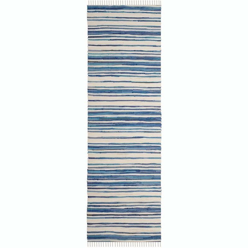 Ivory and Blue Flat Woven Wool Cotton Stripe Runner Rug