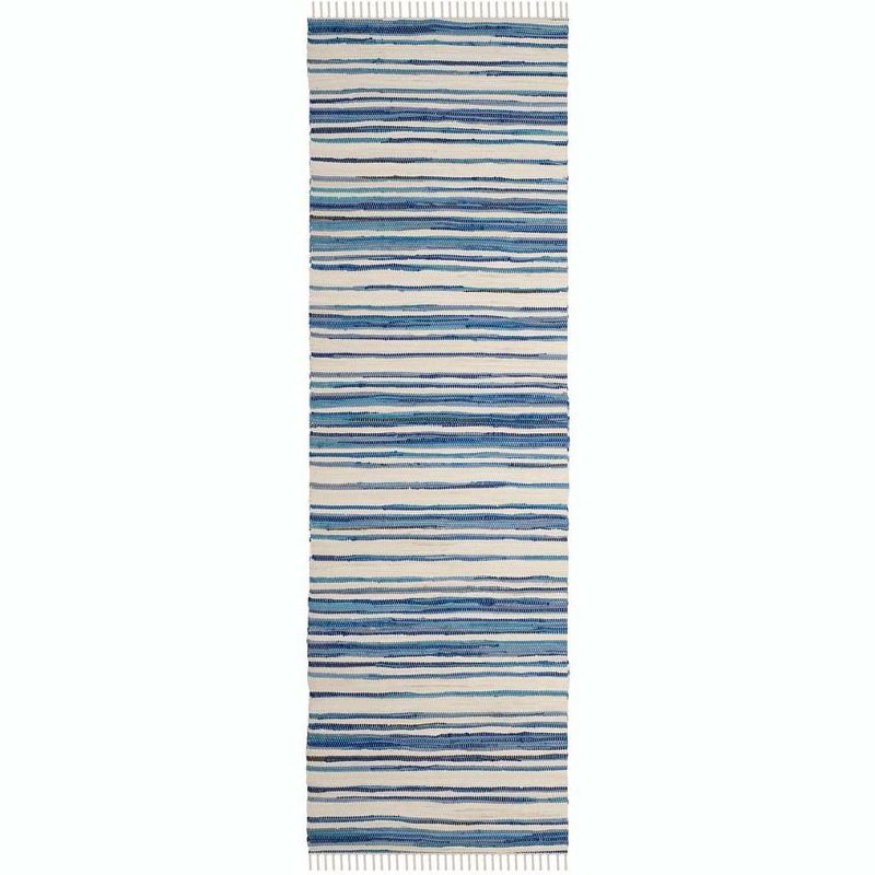 Ivory and Blue Handwoven Cotton Wool Striped Runner Rug