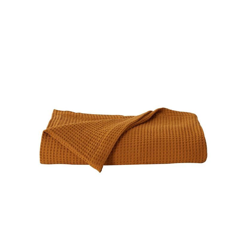 King Size Waffle Weave Cotton Knitted Blanket in Mustard