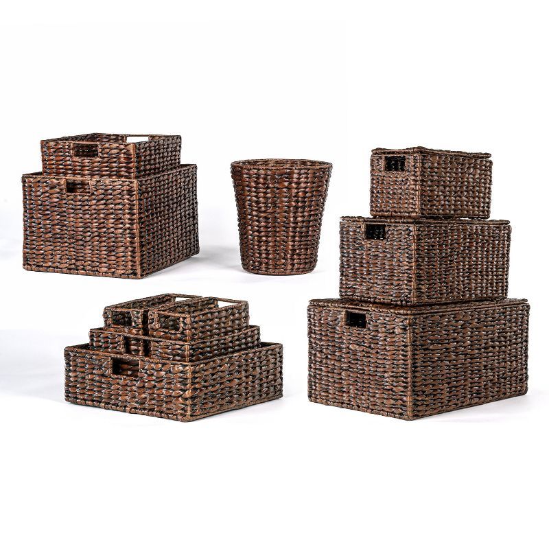 Handwoven Dark Brown Hyacinth Storage Basket Set with Iron Frame