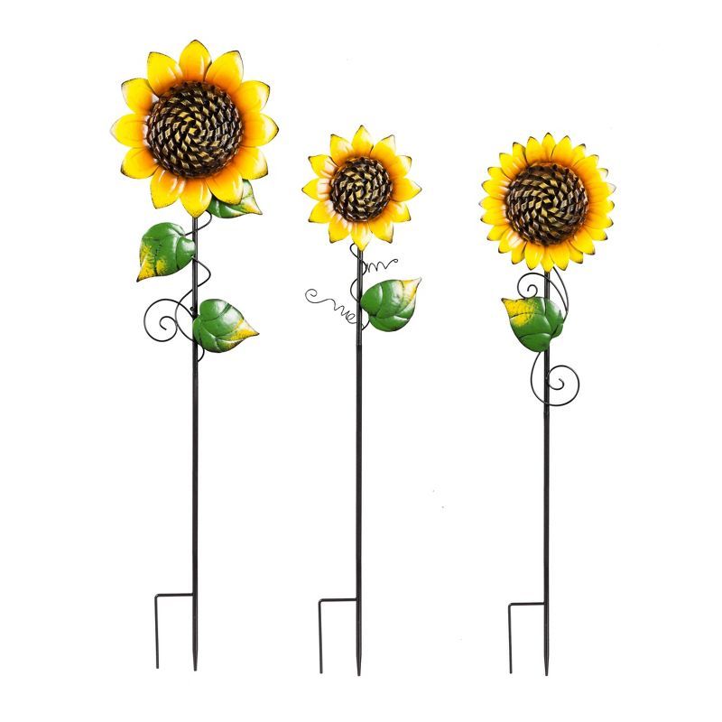 Radiant Yellow Iron Sunflower Garden Stakes, Set of 3