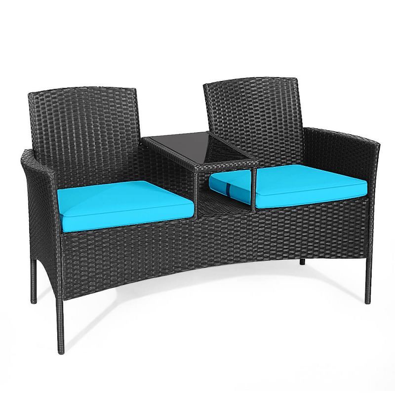 Turquoise Wicker 2-Person Patio Conversation Set with Glass Table