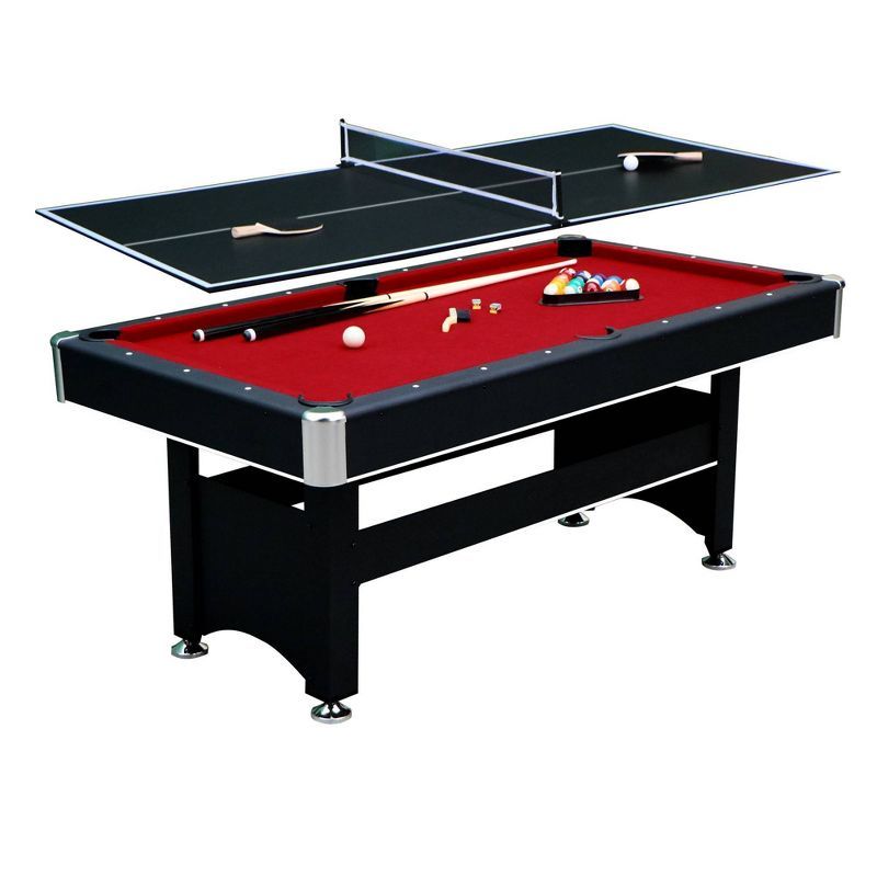 6-Foot Black Pool Table with Red Felt and Table Tennis Top