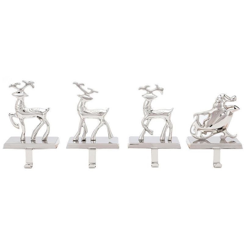 Silver Reindeer and Santa Claus Metal Stocking Holder Set