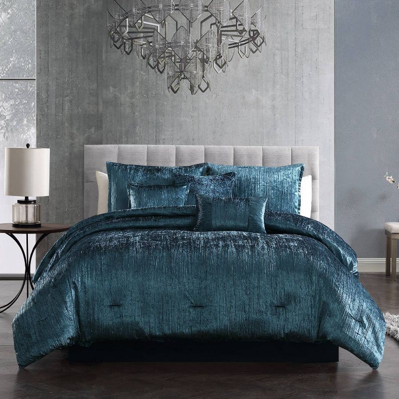 Turin Blue Velvet Queen Comforter Set with Decorative Pillows