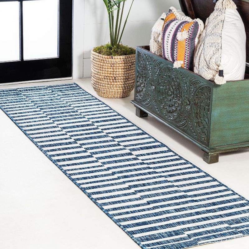 2'-2" x 8' Blue and Ivory Synthetic Stripe Runner Rug